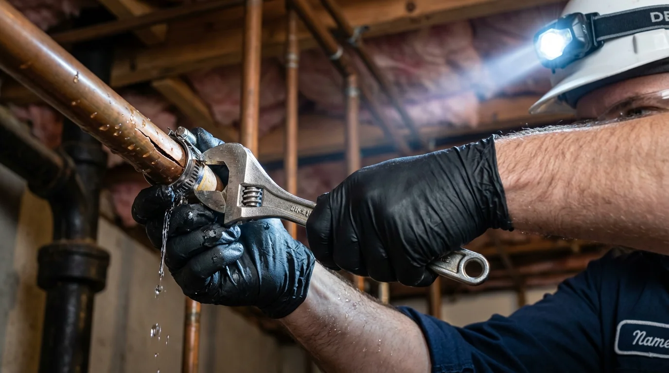 Emergency pipe clamp repair being performed by a Johns Plumbing LLC plumber in Luttrell