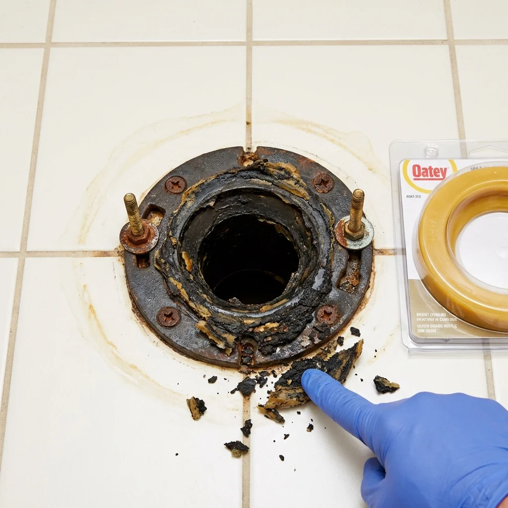 Failed wax ring showing water seepage at the base of a toilet in a Luttrell, TN home